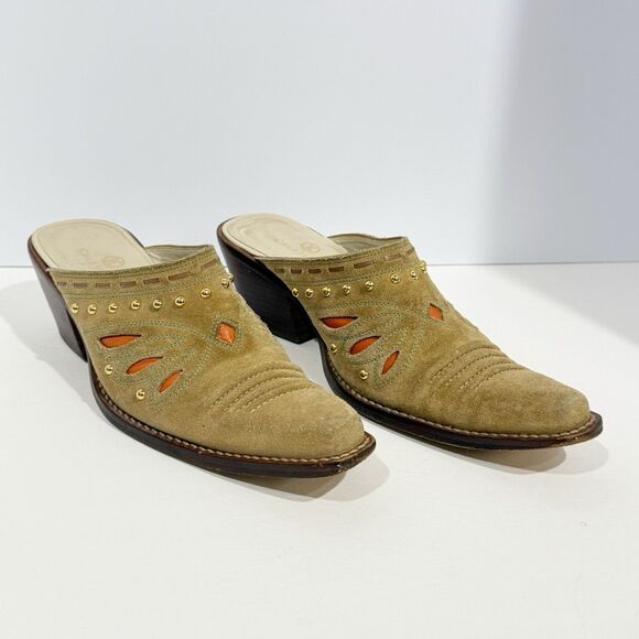 Cole Haan Womens Heels Mules D18363 US 8.5 B Tan Suede Slip-on Studded Leather - Picture 15 of 16